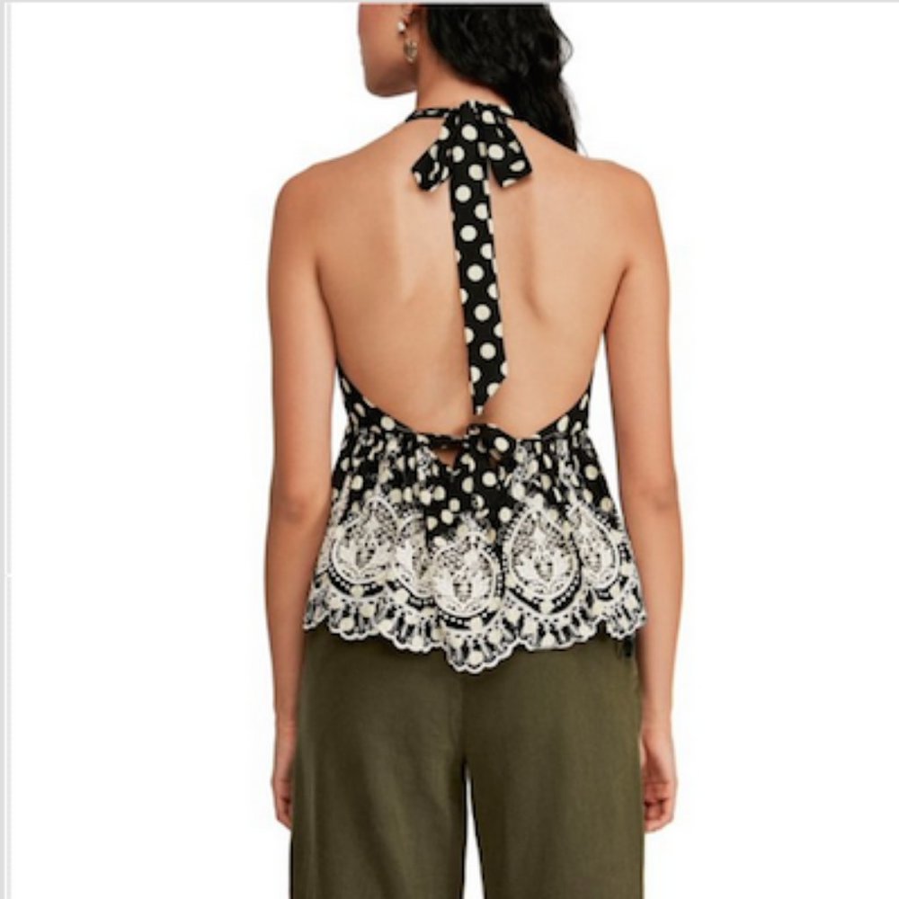 Free People | Lunch Date Polka Dot Halter Top | Black Combo Sz Small